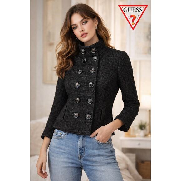 Guess Jackets & Blazers - GUESS Black Cropped Tweed Peacoat Double Breasted Wool Blend M Y2K Sparkly